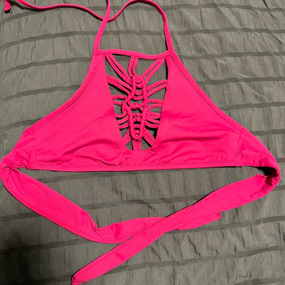 BECCA Swimwear crochet macrame Pink Bikini halter top.